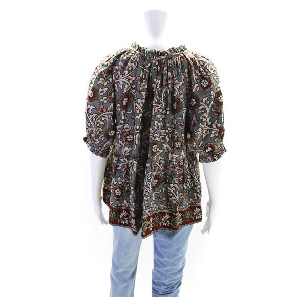 Charlie Joe Womens Tie Neck Floral Short Sleeve Top Blouse Gray Brown Size Small - Picture 3 of 4